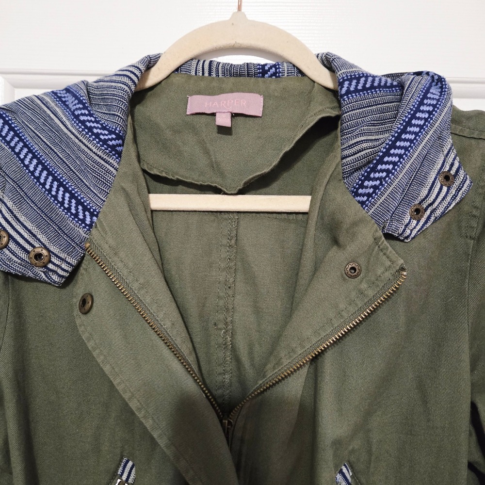 Harper Utility Jacket Khaki Green Hooded Drawstring Military Style Size Small